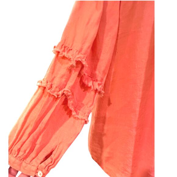 Ivy Jane Coral Orange Linen Boho Shirt Raw Edge Collar Long Sleeve Medium - Picture 6 of 11